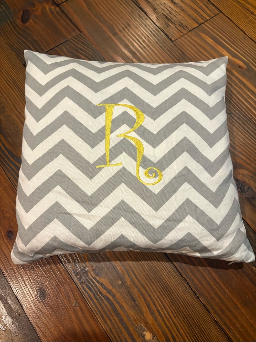 “R” Embroidered Chevron Monogram Pillow - Gray & Yellow